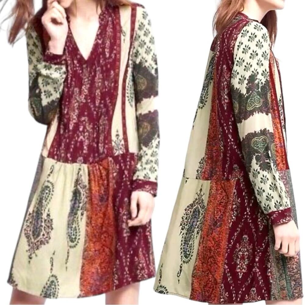 Anthropologie Tiny Gwen Patchwork & Lace Boho Multicolor Print Shirtdress Medium